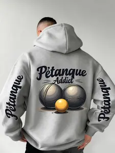 Men's Hooded Sweatshirt with French Bowling Print, Soft Stretch Knit Fabric, Casual Fitted Style, All Season Wear, Youth Essential Top