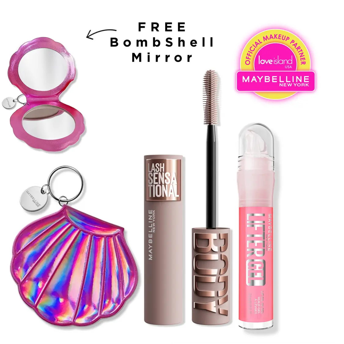 Exclusive Love Island Lash & Lip Duo - Blackest Black Body Mascara, Lifter Gel, with Free Bombshell Mirror, Maybelline New York Exclusive Love Island Lash & Lip Duo - Blackest Black Body Mascara, Lifter Gel, with Free Bombshell Mirror, Maybelline New York
