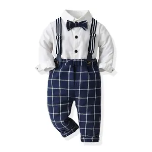 Spring New Kids Boys Gentleman Suit Boy Long Sleeve Bowtie White Shirts Tops+Suspender Straps Elastic Waist Trousers Pants 2pcs Children Casual Formal Clothes Boys Dress Suit Set Wedding Birthday Children's Day Easter Valentine's Day