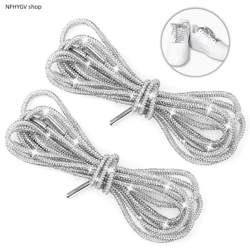 2-Pack Glitter Rope Laces, Sparkly drawstrings embedded with rhinestones, total length 47 inches, fashionable decorative cords. Versatile accessories fit for shoes, hoodies and trunks, ideal for DIY styling and daily outfit decoration