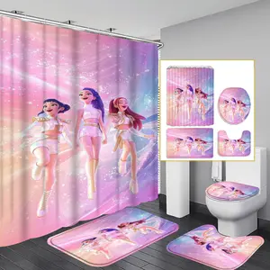 4-Piece Modern Bathroom Curtain Set, Colorful Background Shower Curtains, Includes 12 Hooks, Non-Slip Toilet Mat & U-Shaped Seat Cover