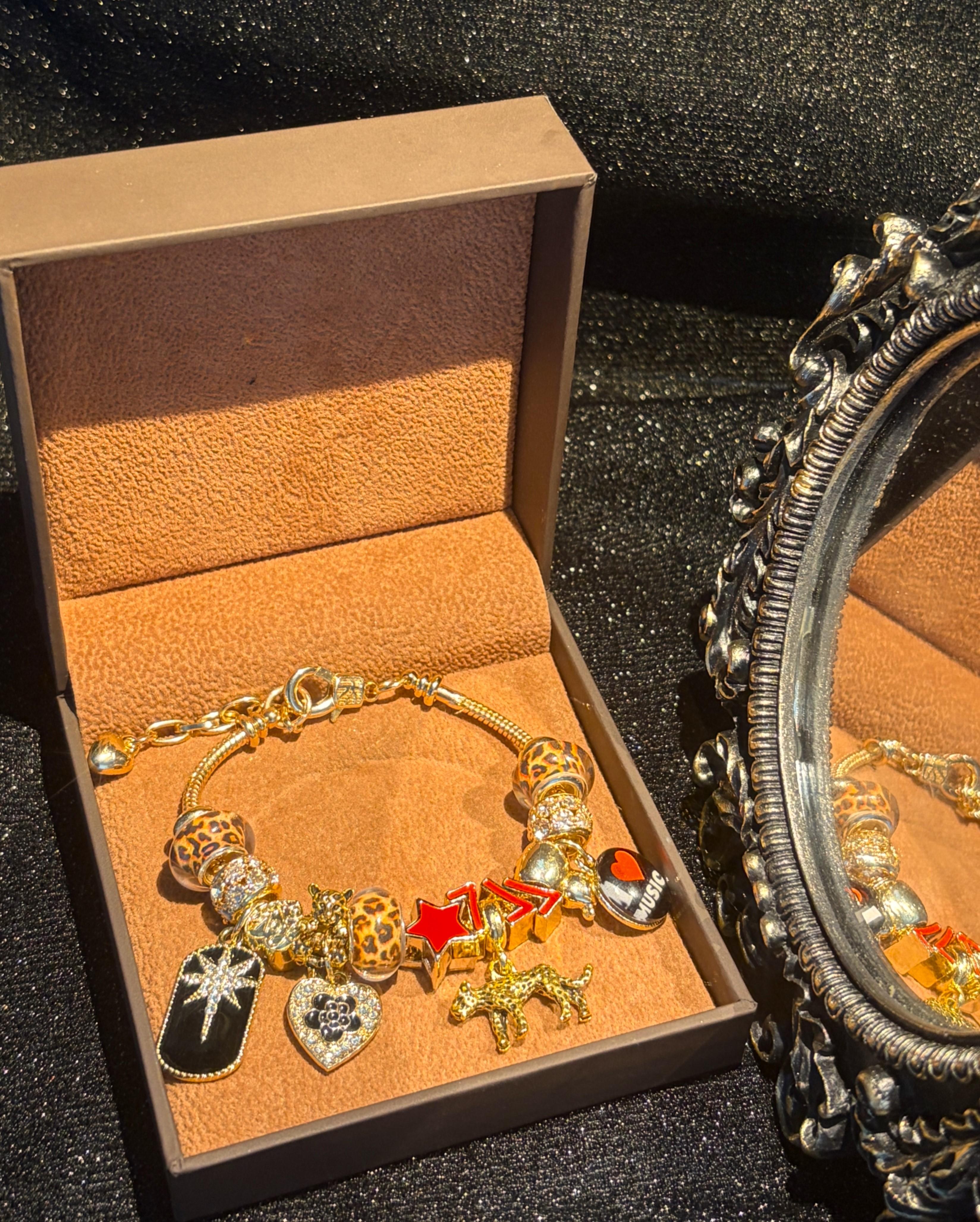 Women's Gold-Tone Multi-Charm Beaded Bracelet - Leopard Print Bead, Star, I Love Music Dangles - Trendy Costume Fashion Jewelry Accessory