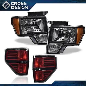 CROSSDESIGN Black Headlights+Red Tail Lights Set Fit For 2009-2014 Ford F-150 F150 Pickup