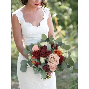 Rinlong 13.7 inch wide Burgundy & Burnt Orange Bridal Bouquet