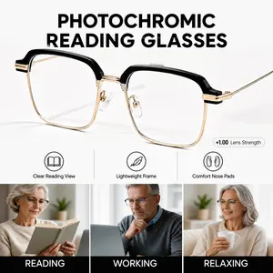 Photochromic Reading Glasses +1.00, Anti Blue Light Readers with UV Protection, Black Gold Lightweight Eyeglasses for Men Women, Work Travel Everyday Wear, SummerVibes