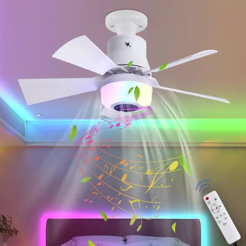 Multifunctional RGB Bluetooth Speaker Ceiling Fan Light - E27 Screw Base LED Lamp with Detachable Blades, Household Appliance for Bedroom, Living Room