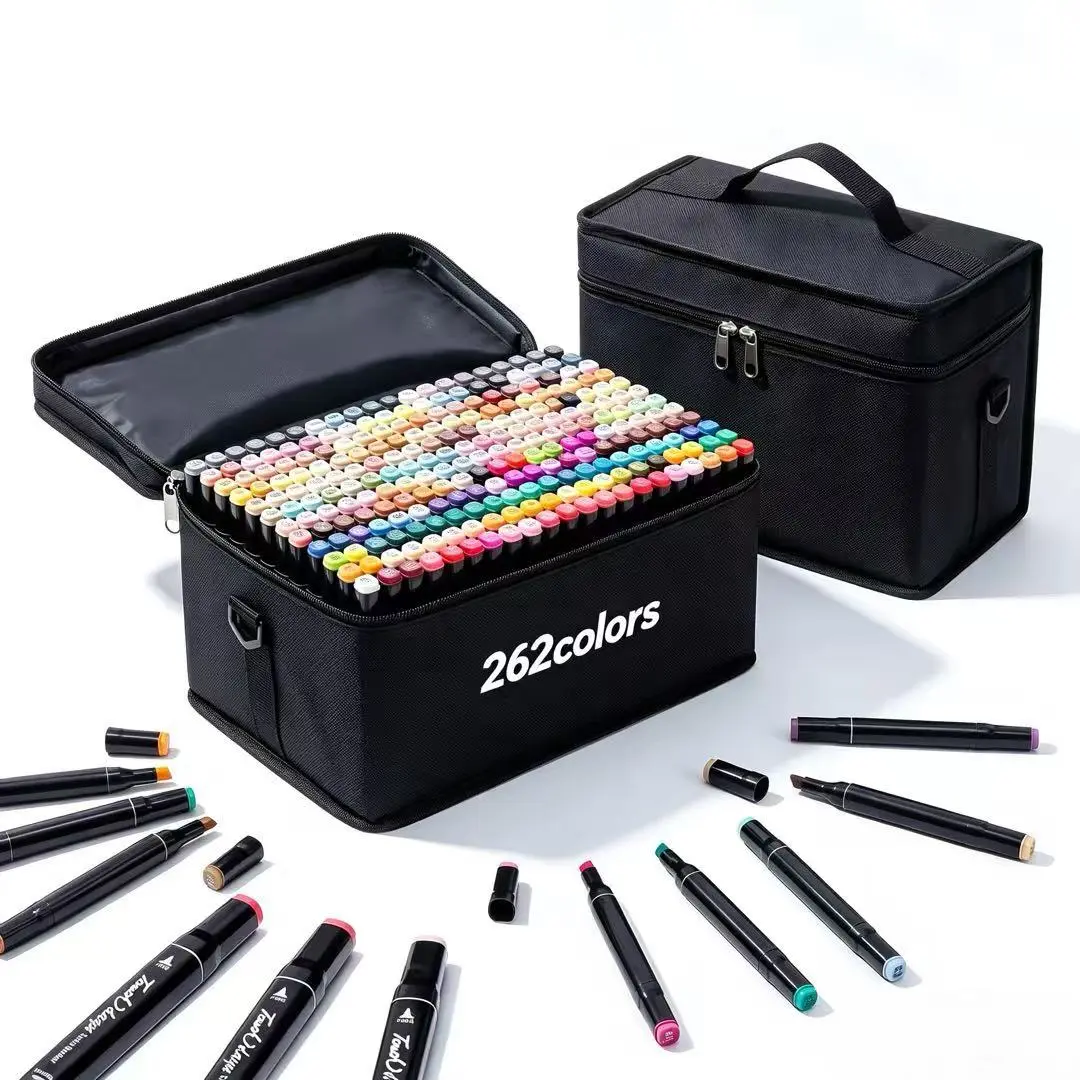 KIDGENIUS Dual Tip Alcohol Markers 262/168/120 Permanent Quick Dry Markers with Carrying Pouch for Wood Rock Canvas Ceramic Metal Glass Color Art Materials summervibes Double-End Fine & Broad Tips for Precision & Coverage - Colorless Blender Pen summerwin