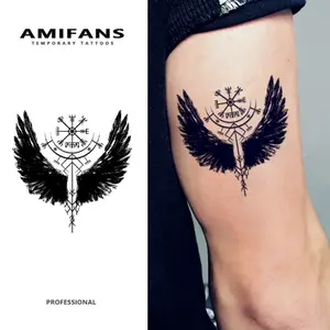 AMIFANS Temporary Tattoo Viking Wings & Vegvísir, Semi Permanent Tattoo,Lasting 1-2 Weeks Tattoo, Long Lasting Tattoo, Juice Tattoo, Realistic Tattoo, Romantic Tattoo, Fake Tattoo, Waterproof, Authentic Tattoo Look, Niche Design Tattoo, Fruit Tattoo