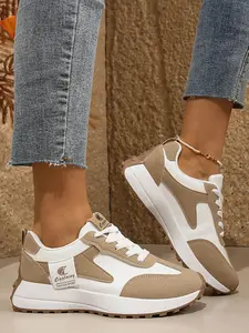 Women's Casual PU Leather Shoes, Plain Pattern, Thick Sole Rubber Sole Fashion Sporty Sneakers, Lightweight Design Versatile Student Running Shoes, All Seasons