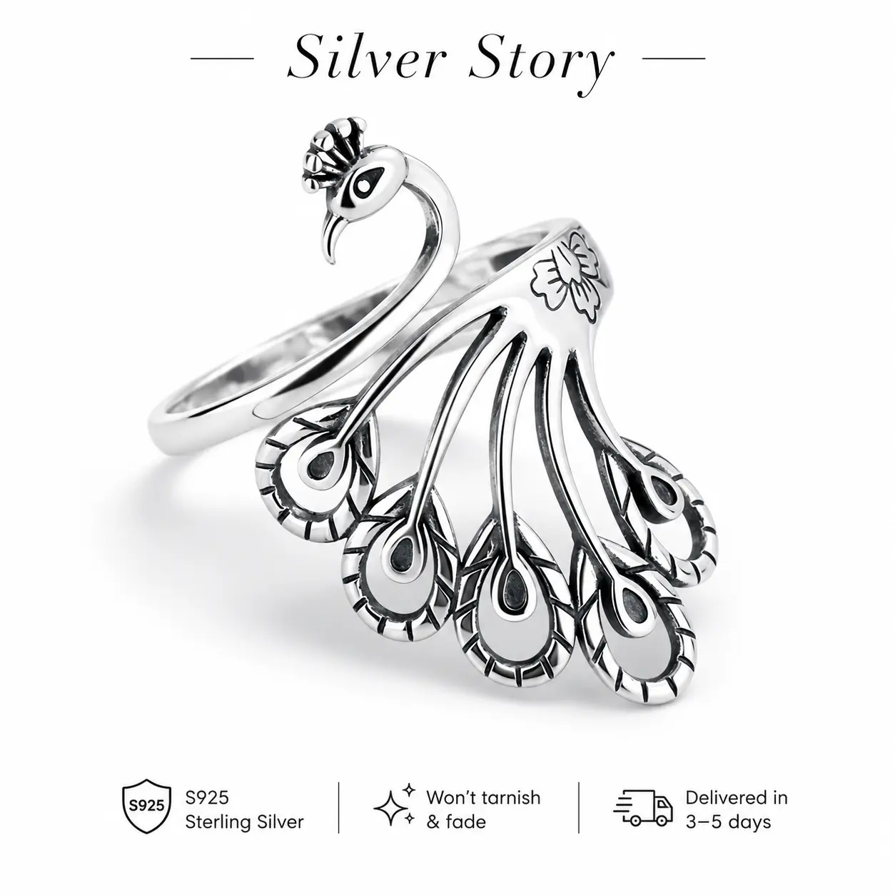 925 Sterling Silver Peacock Ring for Women, Adjustable Vintage Open Ring, Elegant Bird Statement Ring, Oxidized Antique Finish, Nature Inspired Jewelry Gift