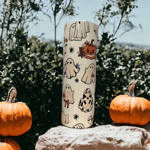 Adorable 20oz Rustic Trick or Treat Tumbler with Cow Print, Pumpkin and Witchy Ghosts - Kitchenware Drinkware
