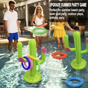 1 inflatable cactus ring throwing game set target throwing floating swimming ring throwing including inflatable cactus, 4-color ring carnival party accessories Hawaiian swimming pool beach party decorations.