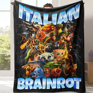 Italian Brainrot Whimsical Collage Flannel Blanket, throw blanket，Quirky Characters & Bold Typography, Super Soft Warm Throw for Pop Culture Enthusiasts Boy's gift Girls' gifts Christmas gift