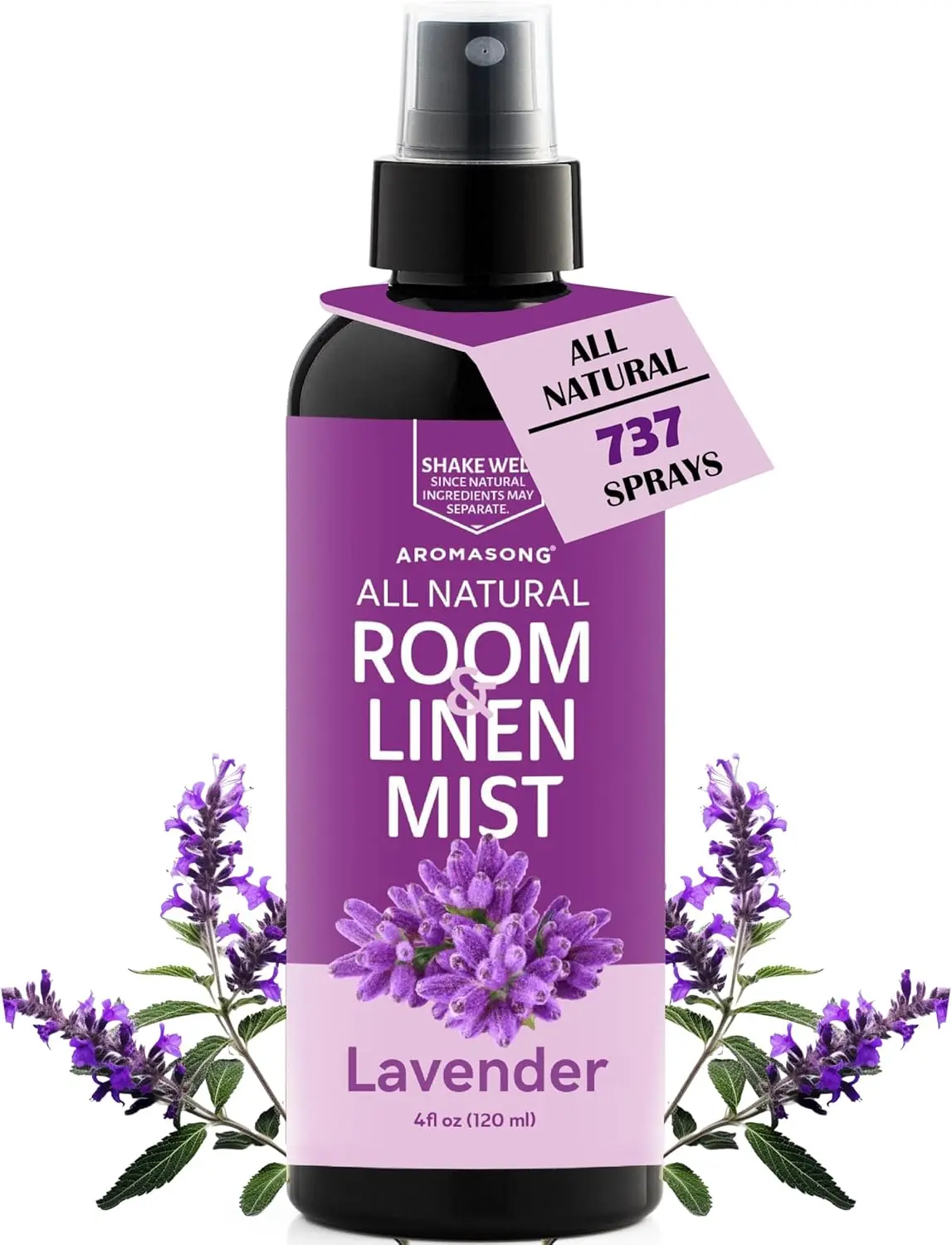 AROMASONG All Natural Lavender Scented Room & Linen Mist, 4 Oz Home Fragrance Freshener-Deodorizer, Long-Lasting Scent for Restful Sleep, 24-month Shelf Life, 24 Months