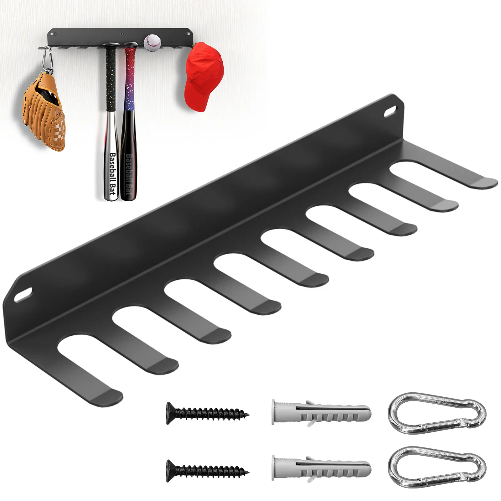 Yuleimy Baseball & Softball Bat Rack Display or Storage, Heavy Duty Steel Wall Mount Bat Holder for 16 Bats, Dugout Fence Clip-On Organizer Hooks for Gear & Gloves, Black, 1/2 Pack