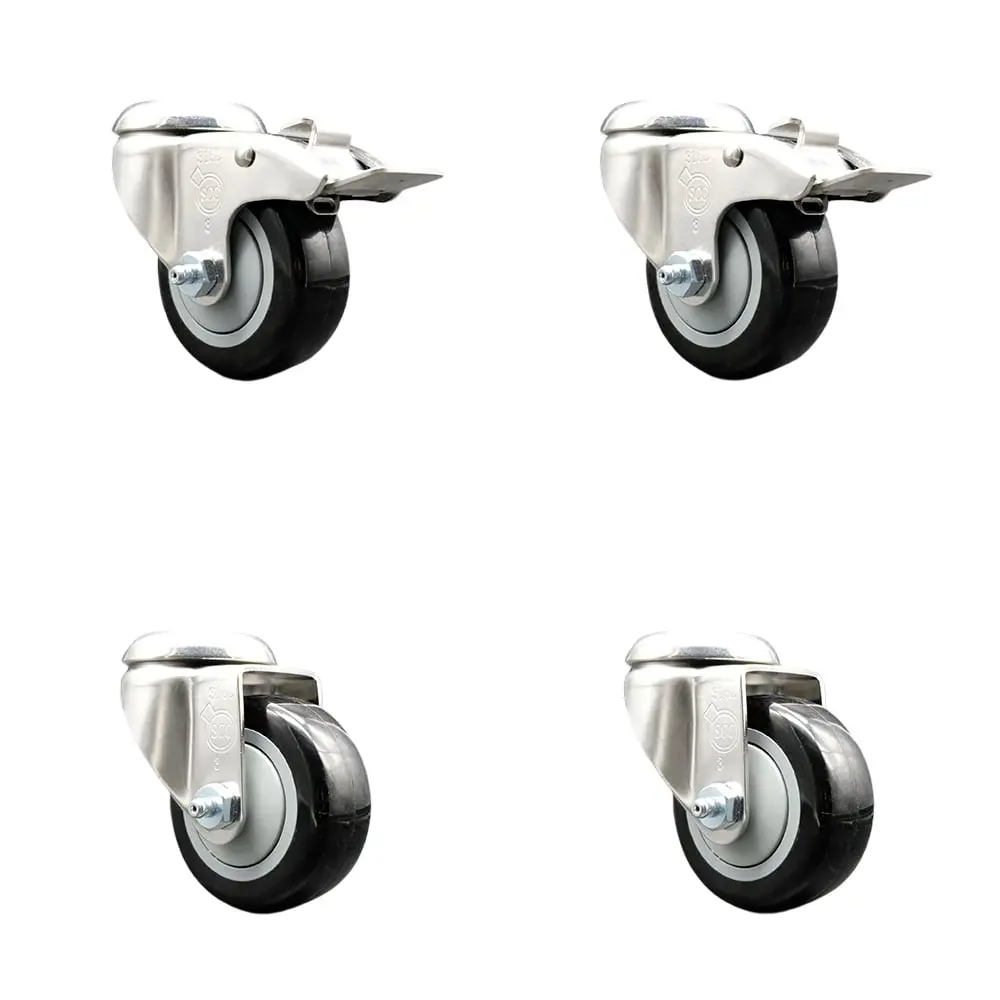 Service Caster SCC-SS316BHTTL20S314-PPUB-BLK-2-S-2 Polyurethane Swivel Bolt Hole Caster with 3 in. Black Caster Wheels 316 Stainless Steel Casters - Set of 4