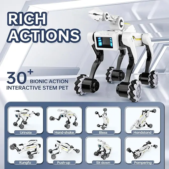 [Akeleo]3 in 1 Robot Dog with Wheels Kit, 30+ Bionic Actions, Voice & Remote Control, Programmable Moves, Rechargeable Battery, All-Terrain Stunt Pet Toy for Kids(Removable Claw & Cannon)
