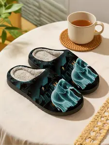 Fantasy Ghost Elephant Plush Slippers, Vintage House Print, Warm Anti-Slip Thick Sole, Comfortable Home Party Shoes for Fall Winter