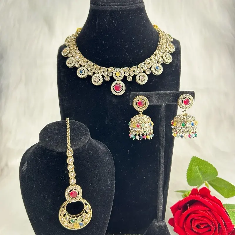 Beautiful Gold Tone Ad Gemstones Necklace, Jhumka, and Tikka Set for Women