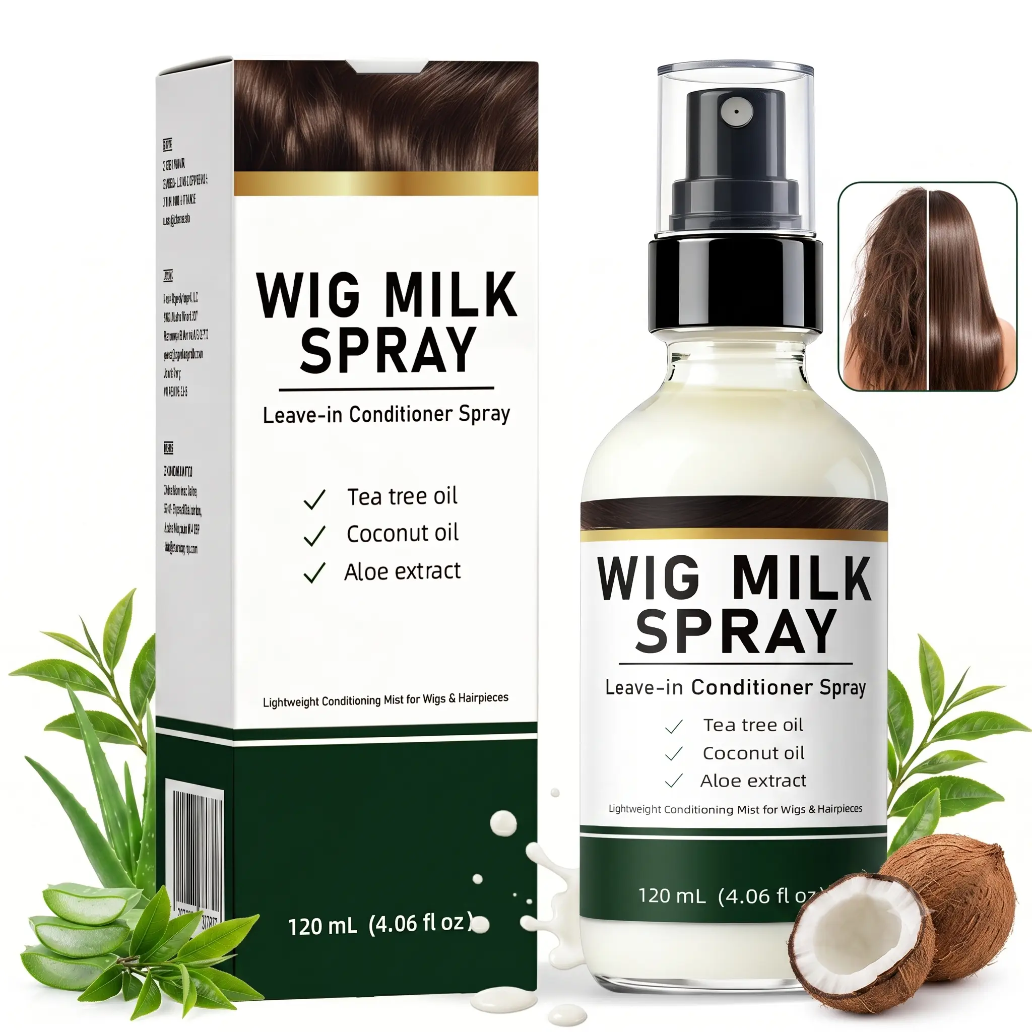 Wig Milk Spray for Synthetic Hair Detangle and Anti-Frizz, with Coconut Oil Aloe Extract & Tea Tree, Leave-In Conditioner Spray for Hair Wigs Haircare Moisturizeing Spray, Wig Shampoo Hydrates & Replenishes, Synthetic Wigs Easy Combing  (4.06 fl oz)