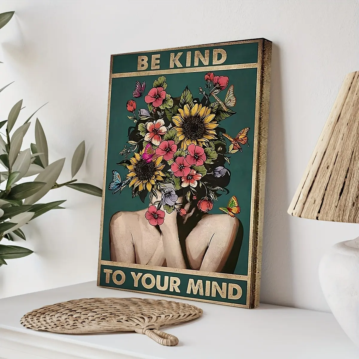 1pc 30x40cm (11.81x15.75in) Framed Retro Girl Flower Canvas Poster, Retro Poster, Wall Decor, Be Kind To Your Mind, Rustic Farmhouse Canvas Painting, Can Be Hung rimless