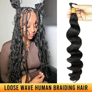 YGwigs Loose Wave Bulk Braiding Hair Natural Black Human Hair Bundles Boho Braids - Cambodia Virgin Hair, Double Drawn, 100g/Bundle