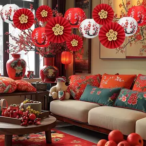 12Pcs Chinese New Year Lantern Decoration, Chinese Paper Lantern, Chinese Red and White Plum Blossom Lantern, Cherry Blossom Paper Lantern