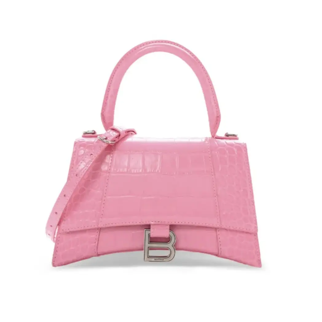 Pre-owned Balenciaga Shiny Calfskin Crocodile Embossed Hourglass Top Handle Bag Sweet Pink