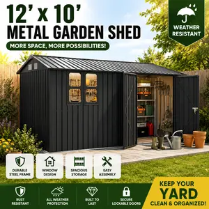 12x10 Metal Garden Shed Outdoor Storage House Black Tool Sheds with Window Goods Shelves Heavy Duty Waterproof Galvanized Steel Lawn Backyard Bike Backyard Storage Utility Backyard Walk in Workshop Backyard Cabana