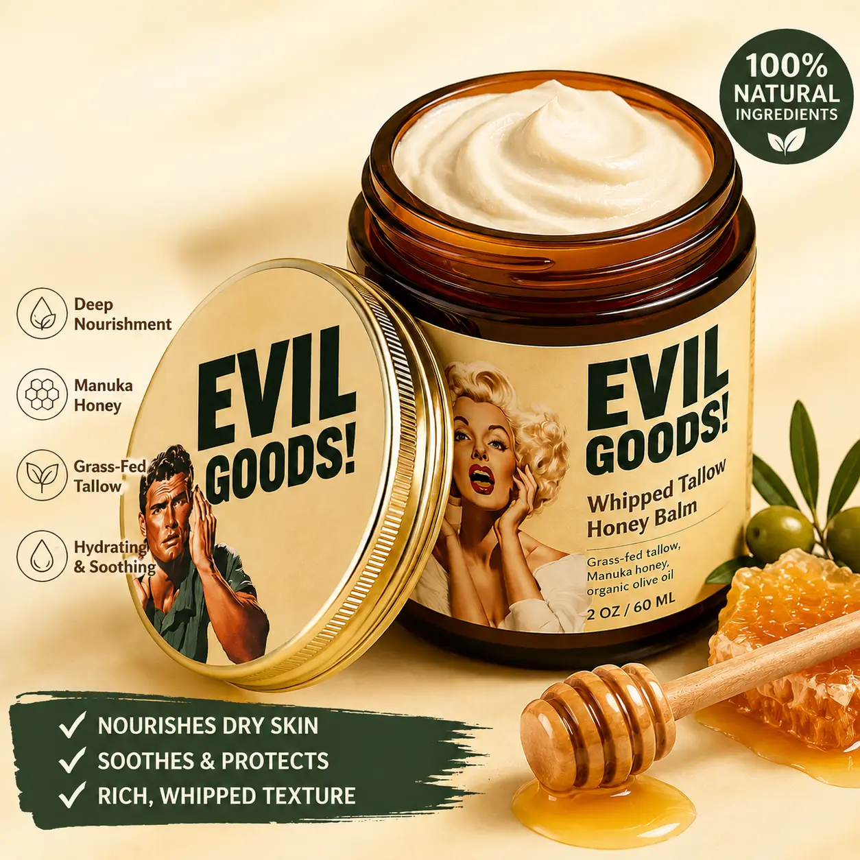 EVIL GOODS Whipped Beef Tallow & Manuka Honey Moisturizer | Nourishing Face & Body Cream for Hydrated Skin
