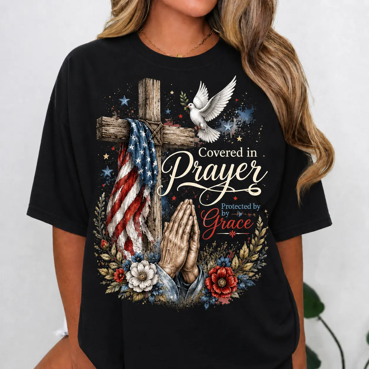 White   Covered in Prayer Protected by Grace Graphic Tee for Women, American Flag Cross Praying Hands Christian Shirt