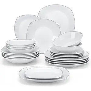 Dinnerware Sets, 24 count Porcelain Square Dishes, White with  Rim Plates and Bowls Sets, Ceramic Dish Set for 6, Chip Resistant Dishware Sets, Series ELISA