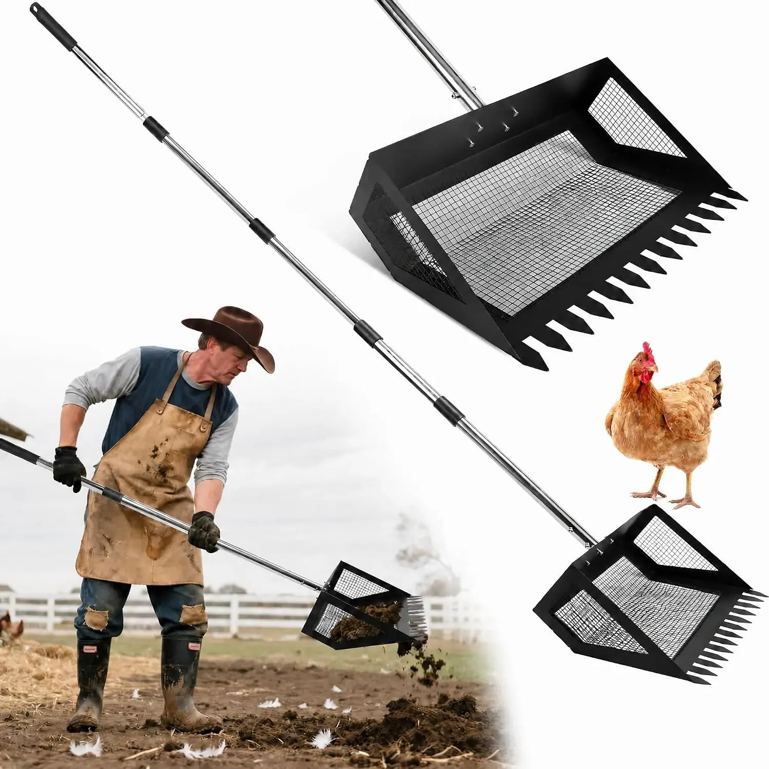 15inch Extra Large Chicken Poop Scooper,Adjustable Chicken Coop Scooper for Poop，Stainless Steel Chicken Poop Scooper Rake with 24 to 68" Handle,Litter Scooper Sifting Shovel Chicken Coop