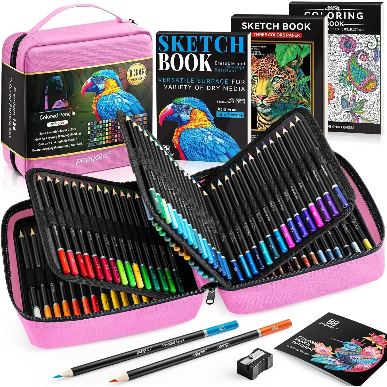 136 count Colored Pencils Set for Adult Coloring Books, 120 Colored Pencils with Sketchbook, Coloring Book, Sharpener, Soft Core Oil-Based Coloring Pencils for Artists Drawing Sketching Blending Shading