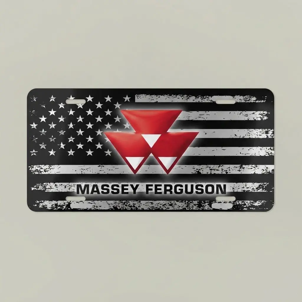 Red Tractor Emblem American Flag Decorative Front License Plate, Distressed Farm Equipment Car Tag for Truck and Patriotic Garage Decor