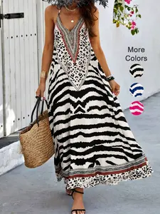 Women's Animal Print V Neck Backless Halter Dress, Casual Vacation, Elegant Aesthetics Sleeveless Fit Summer Dress, Perfect for Parties & Beachwear, Womenswear
