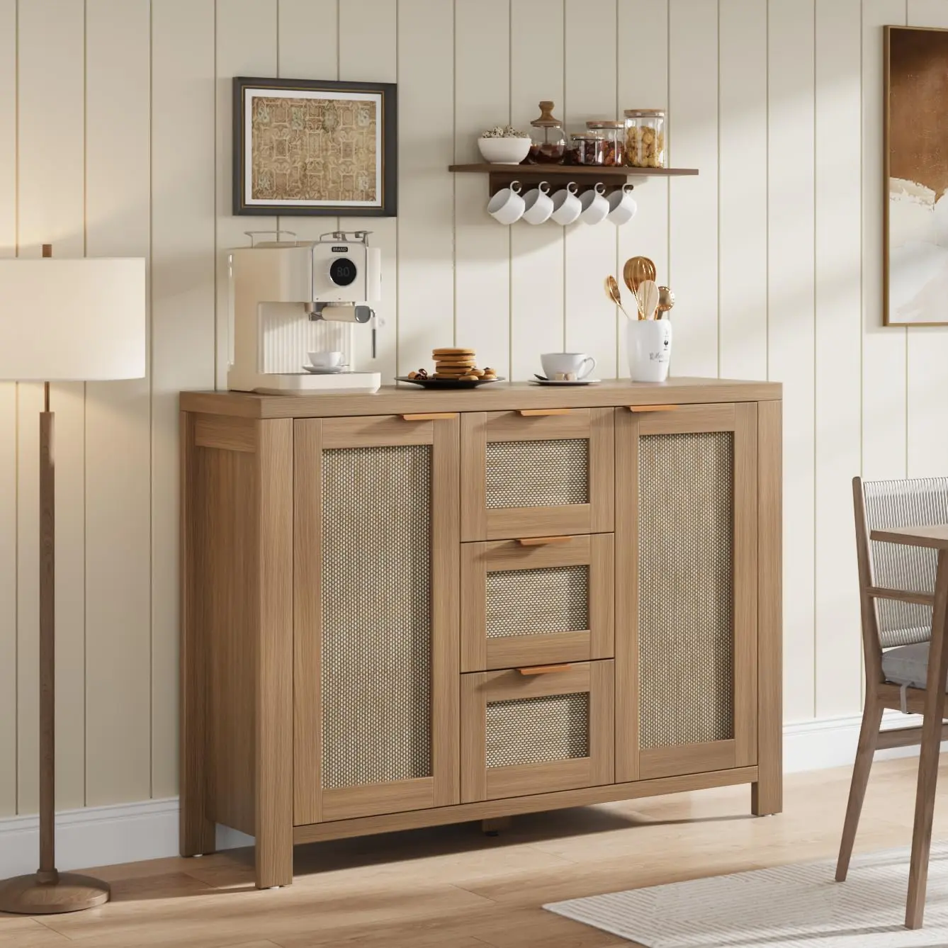 Dark Oak Rattan Buffet Sideboard Cabinet - 3 Drawers, Adjustable Shelf, Rattan Panels, Boho Accents, Engineered Wood, High Legs, Large Storage Console Credenza, Includes Installation Kit, for Kitchen, Dining Room, Includes Kit