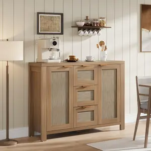 Spacious rattan buffet side cabinet, boho accent credenza with 3 drawers and adjustable shelves, large storage console for kitchen, dining room, living room, entryway, dark oak