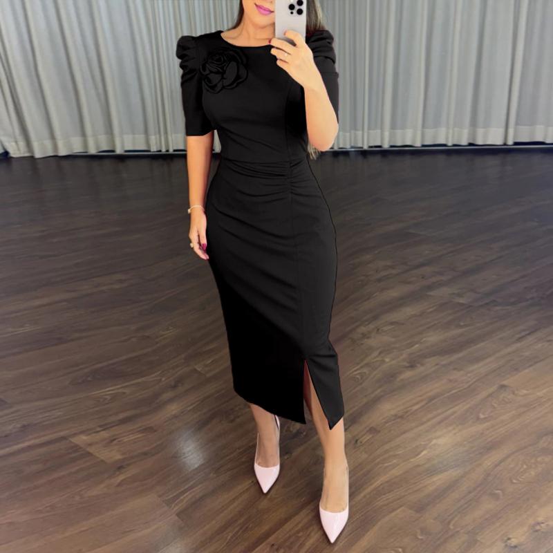 ChicMe 2026 Women's Round Neck Puff Sleeve 3D Flower Decor Bodycon Dress/Women's Ruched Floral Bodycon Dress Valentine's Day Casual Ruched Slit Midi Dress for Wedding Guest & Wedding ChicMe 2026 Women's Round Neck Puff Sleeve 3D Flower Decor Bodycon Dress/Women's Ruched Floral Bodycon Dress Valentine's Day Casual Ruched Slit Midi Dress for Wedding Guest & Wedding