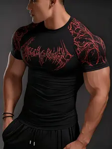 Men's High Elastic Quick-Dry Sports Short Sleeve Shirt, Geometric Print Gym Training Top, Casual Loose-Fitting Long Sleeve Tee