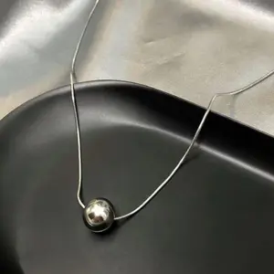 2PCS-Fashion Simple Stainless Steel Glossy Bead Necklace Temperament Round Ball Clavicle Chain Neck Chain Female