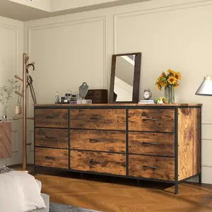 47" Long Dresser & TV Stand With 9 Fabric Drawers & Wooden Top, Sturdy Metal Frame Fit 60'' TV Stand For Bedroom, Living Room, Rust Brown