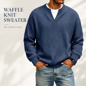 Men’s Waffle Knit Pullover Sweater, Soft Textured Long Sleeve Casual Sweatshirt, Relaxed Fit Notched Neck Top for Everyday Wear