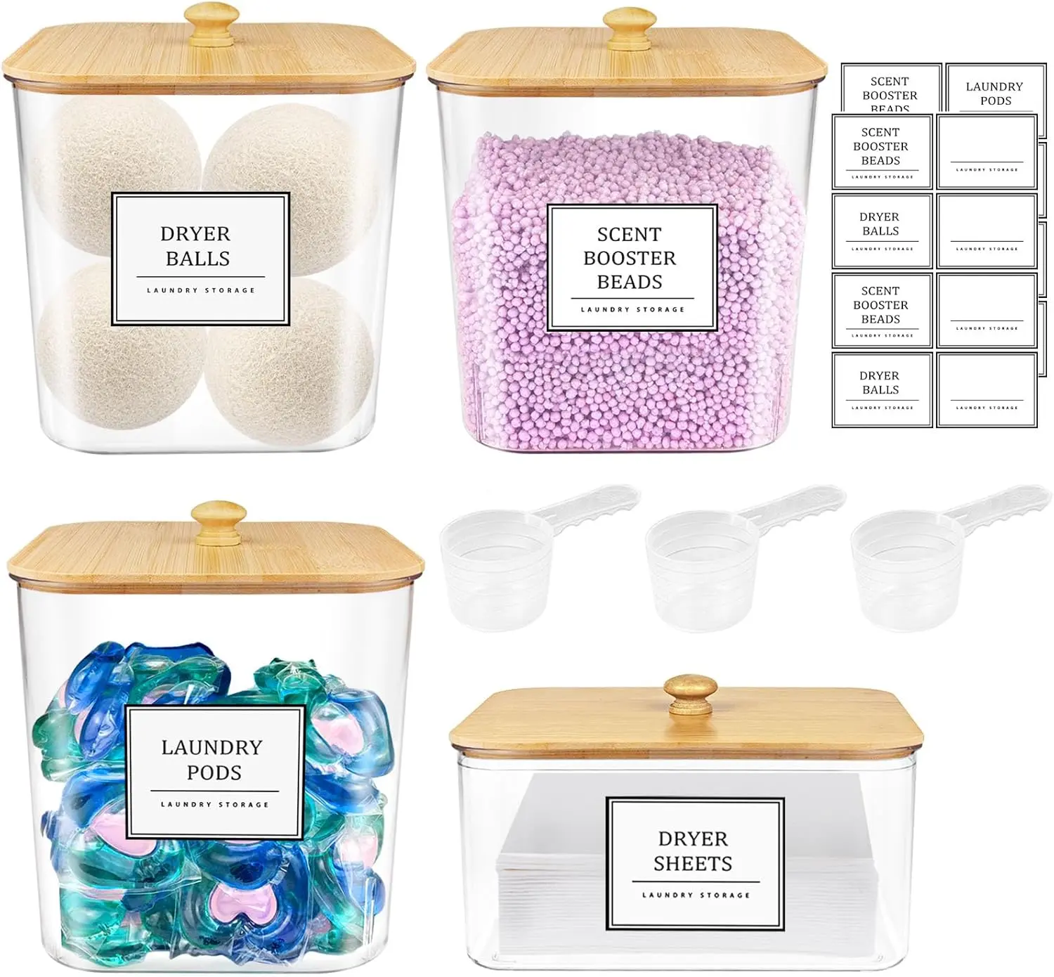[New Deal]   3+1 Pack Laundry Pods Container,Clear Laundry Room Organization Containers,Large Laundry Detergent Powder Storage Containers with Wooden Lids & Labels,Laundry Pods Holder for Scent Booster,Powder,Pods