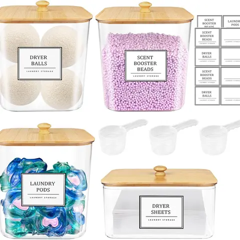 [New Deal]   3+1 Pack Laundry Pods Container,Clear Laundry Room Organization Containers,Large Laundry Detergent Powder Storage Containers with Wooden Lids & Labels,Laundry Pods Holder for Scent Booster,Powder,Pods