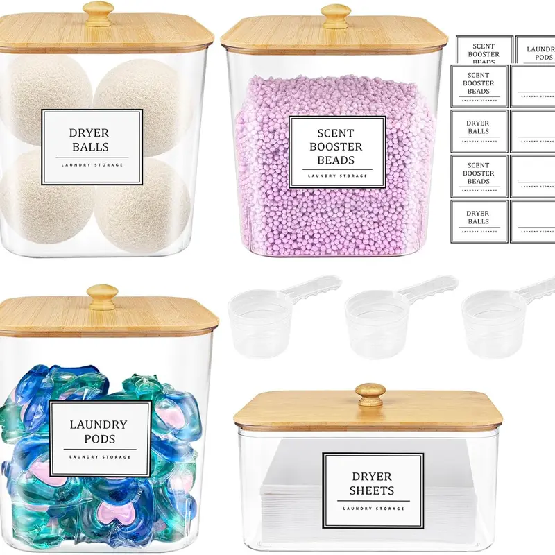 [New Deal]   3+1 Pack Laundry Pods Container,Clear Laundry Room Organization Containers,Large Laundry Detergent Powder Storage Containers with Wooden Lids & Labels,Laundry Pods Holder for Scent Booster,Powder,Pods