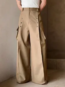 Men's Solid Color Fake Button Decor Wide Leg Pants, Loose Fit Comfy Flap Pocket Design Trousers for Daily Wear, Fashion Woven Bottoms for All Seasons, Business Casual Pants, Classy Casual Trousers, Casual Work Pants, Casual Minimalist Trousers