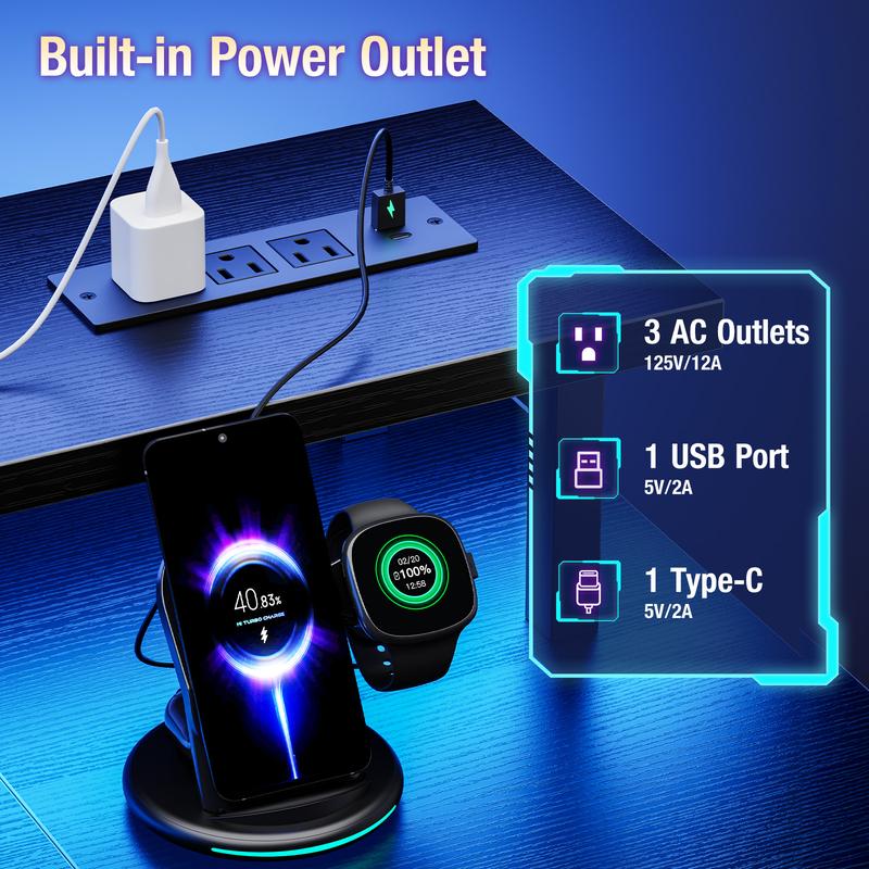 48 inch Gaming Desk with LED Lights & Power Outlets, Computer Desk with Monitor Stand & Storage Shelves, CPU Stand, Home Office Desk