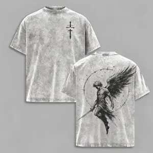 Fallen Angel's Sword Crew Neck Washed Solid-Color T-Shirt for Men Pure Cotton Breathable Short-Sleeve Top Couples' Style Menswear Tshirt