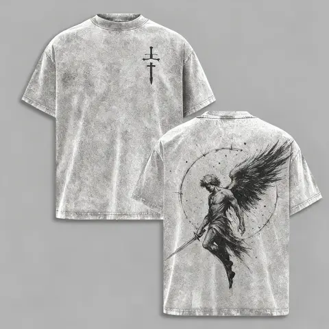 Men's Heavyweight Pure Cotton Short Sleeve Round Neck Tshirt - Fallen Angel Double Cross & Sword Graphic, Gothic Streetwear Dark Aesthetic Menswear Male Clothing, Concert-Ready Tee Casual Fit (50% Off)